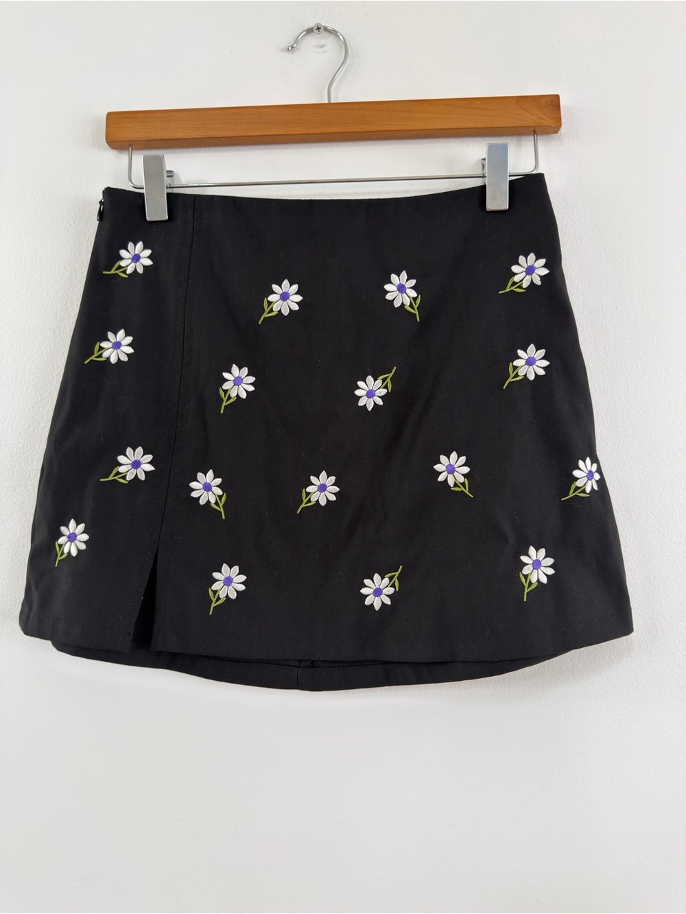 UNIF Black Mini Skirt with White & Purple Daisy Embroidery